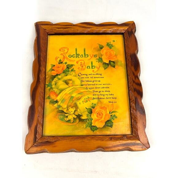 Vintage 1970's Rockabye Baby Wooden Plaque Frame Nursery Art Wall Decor 9"x11" - Picture 1 of 9